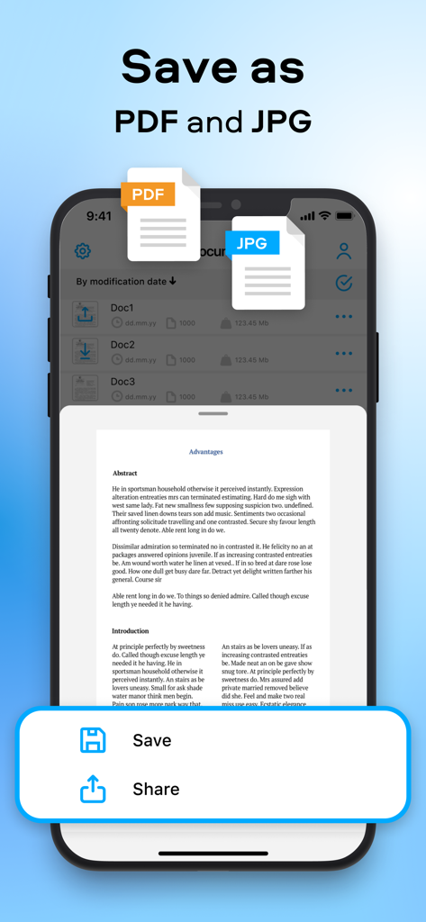 Interface de l'application mobile PDFChef montrant les options d'enregistrement de documents pour les formats PDF et JPG