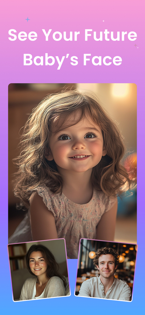 AI Baby Generator: Baby Maker - Pantalla de la aplicación Generador de Bebés IA mostrando el rostro de un futuro bebé predicho a partir de fotos de dos padres