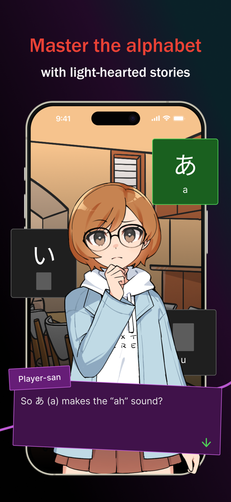 iago - Learn Japanese - A visual novel style mobile app interface where an anime girl teaches Japanese hiragana characters through a story