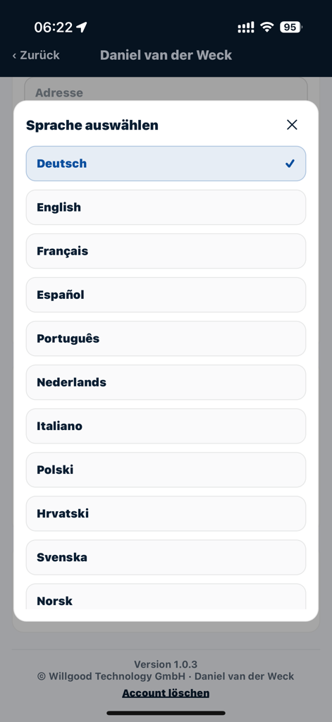 Menú de selección de idioma en la aplicación Davanci Boat Navi mostrando varias opciones de idioma, incluido inglés y alemán.