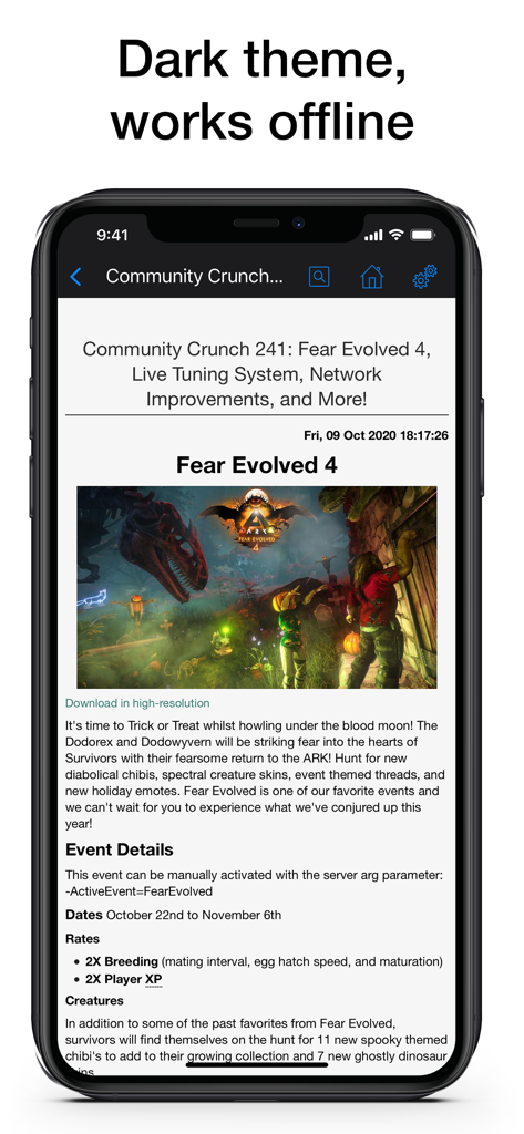 PW for ARK: Survival Evolved - Interface do aplicativo utilitário ARK Survival Evolved mostrando notícias da comunidade em modo escuro