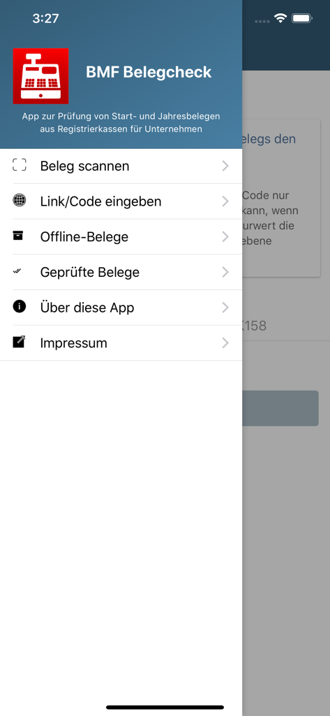 Das Hauptnavigationsmenü der BMF Belegcheck-App mit Optionen zum Scannen von Belegen und zur Verwaltung digitaler Steueraufzeichnungen.