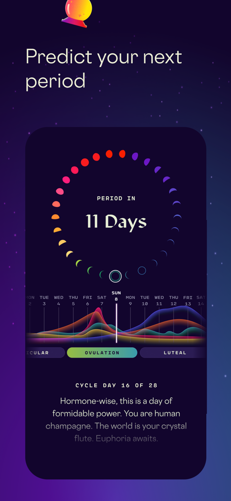 Stardust Period Tracker - Interfaz de la aplicación Stardust Period Tracker que muestra predicciones de período y gráfico hormonal.