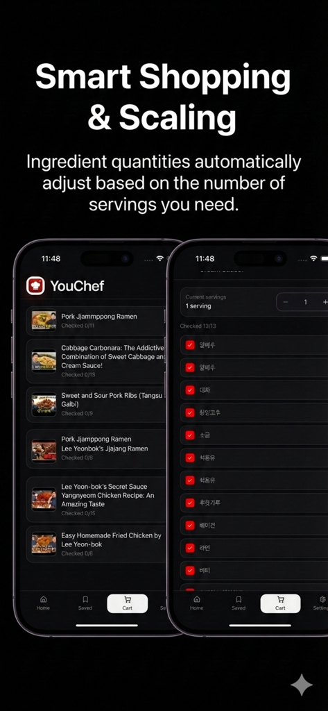 YouChef: AI Video Recipe Saver - YouChef app interface showing a smart shopping list and automatic ingredient scaling based on servings.
