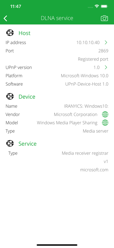 DLNA Browser - Screenshot of DLNA Browser app showing technical details for a Microsoft Windows media server including IP address, port, and UPnP version