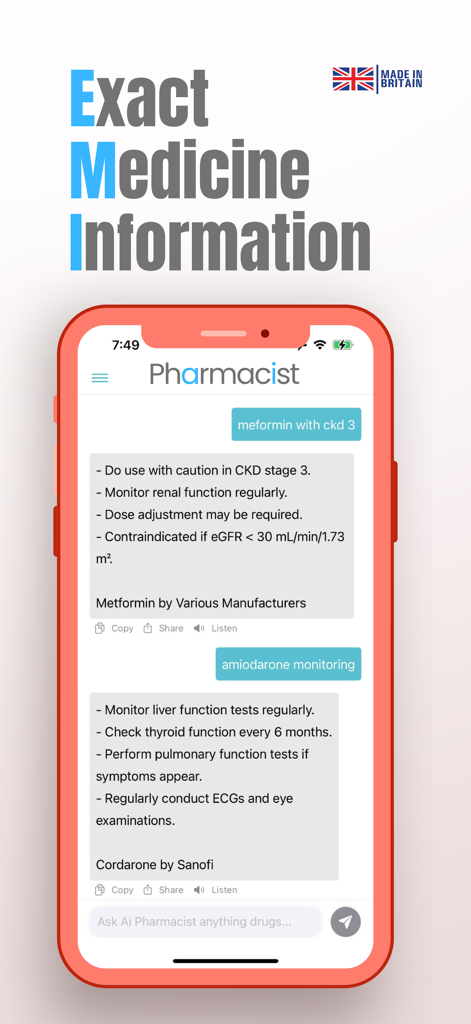 AI Pharmacist - AIファーマシストモバイルアプリのインターフェース。メトホルミンとアミオダロンに関する簡潔な臨床薬物情報が表示されています。