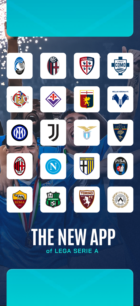 Schermata dell'app ufficiale Lega Serie A che mostra vari loghi di squadre di calcio italiane.