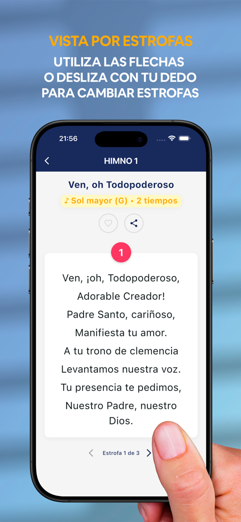 Himnario Digital IMPCH - Digital hymnal app interface showing a hymn stanza with swipe navigation instructions