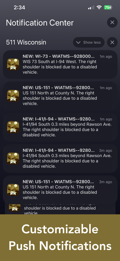 Smartphone notification center displaying several real-time traffic alerts from the 511 Wisconsin app.
