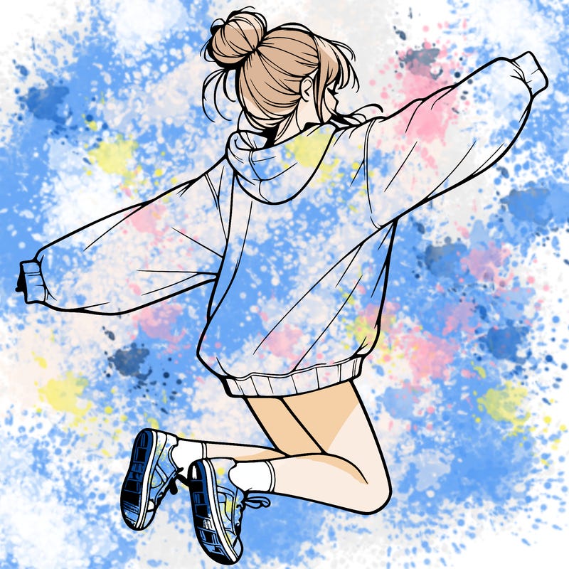 realistic girl jumping with a bun and oversized sweatshirt