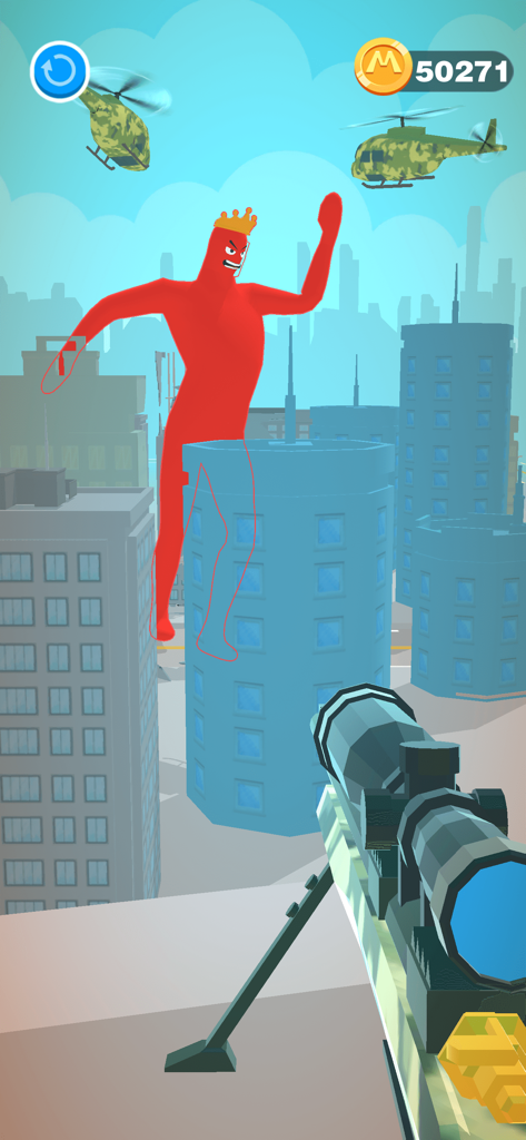 First-person perspective of a sniper aiming at a massive red giant wearing a crown in a city with helicopters.