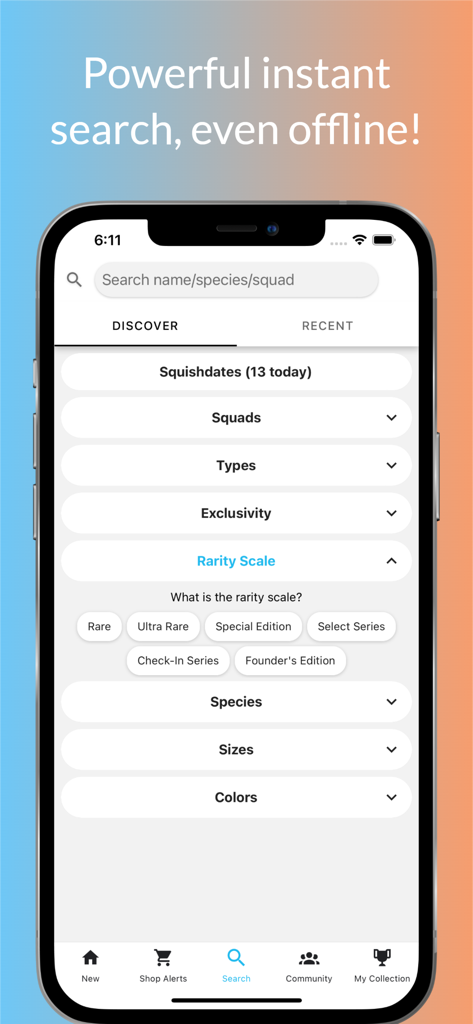 Search screen of SquadApp showing Squishmallow collection filters and rarity categories