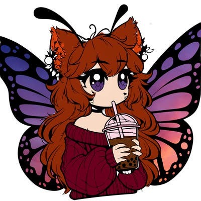 a realistic butterfly/furry girl drinking boba