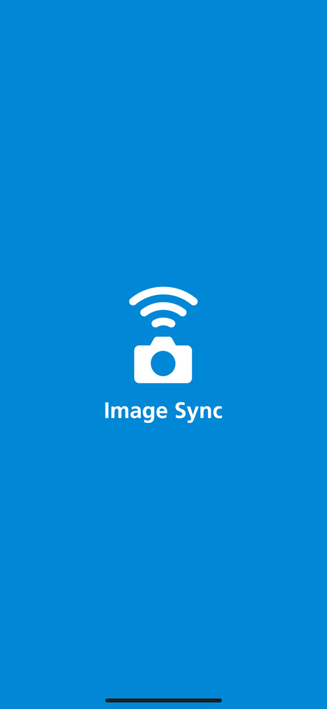 Image Sync app splash screen with a camera icon and wireless signal on a blue background