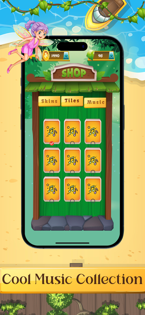 Tile Match Master Game - Un écran de boutique dans Tile Match Master Game affichant une collection de pistes musicales de fond sélectionnables.