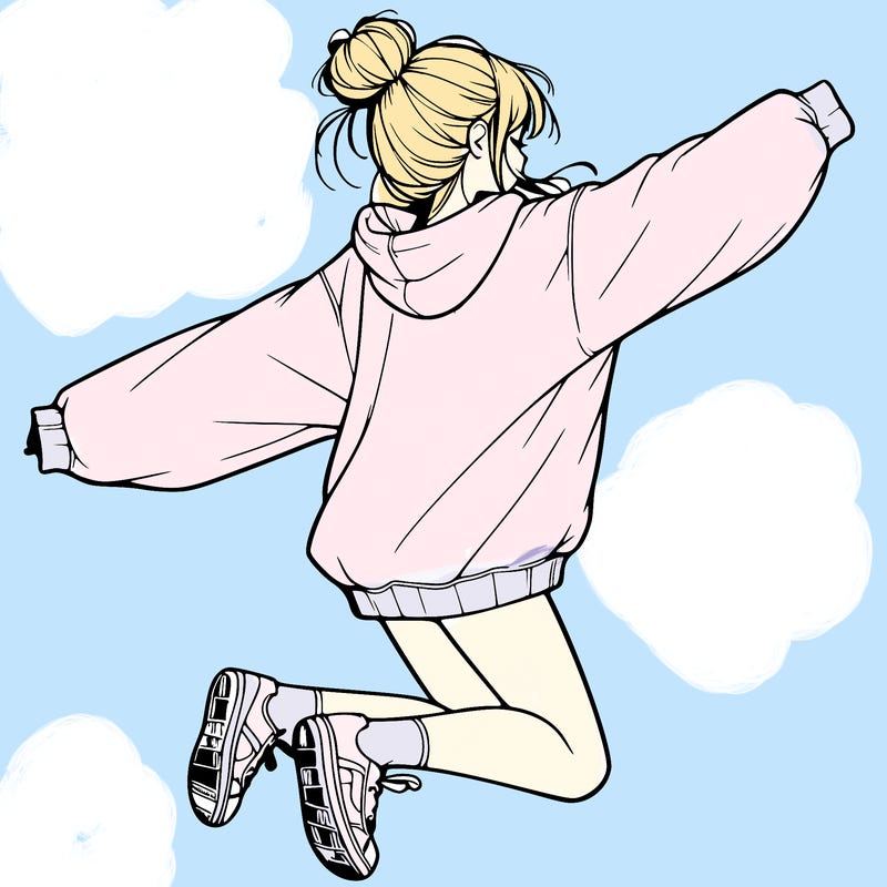 realistic girl jumping with a bun and oversized sweatshirt