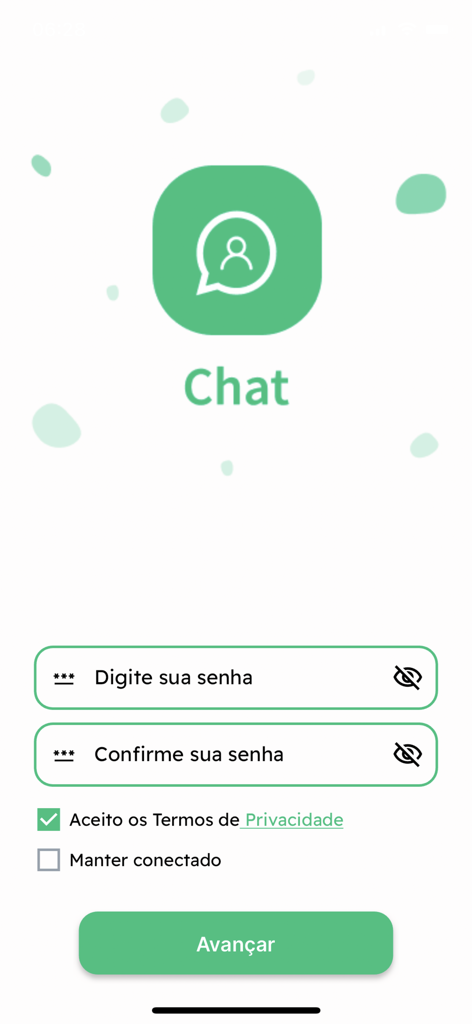 Registration screen for Chat Atendimento app showing password fields and terms of service checkbox.