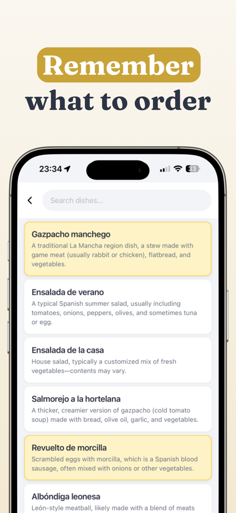 Screenshot of the Menu Translator app showing a list of Spanish dishes with highlighted selections and the heading Remember what to order