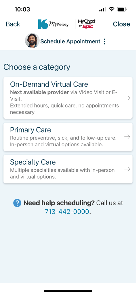 MyKelsey - MyKelsey app interface for scheduling appointments with options for on-demand virtual care primary care and specialty care
