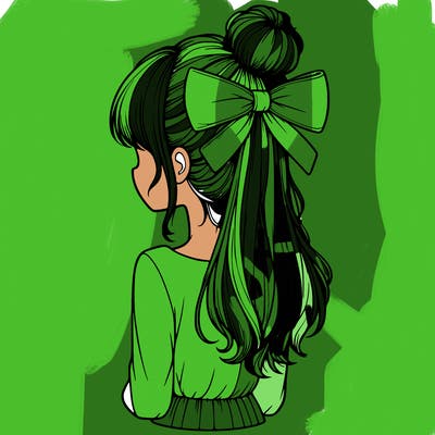 realistic girl  with hip length hair a bun and a big bow on the back of head