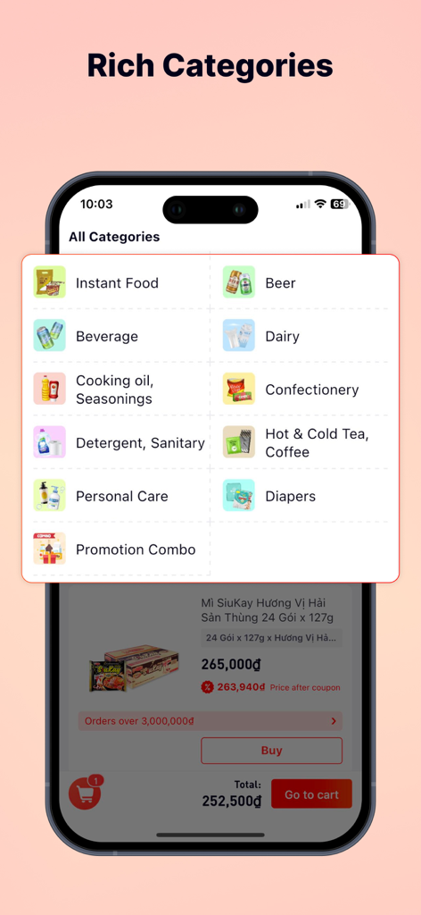 WOWbuy - WOWbuy app screen displaying various wholesale FMCG categories including food and beverages