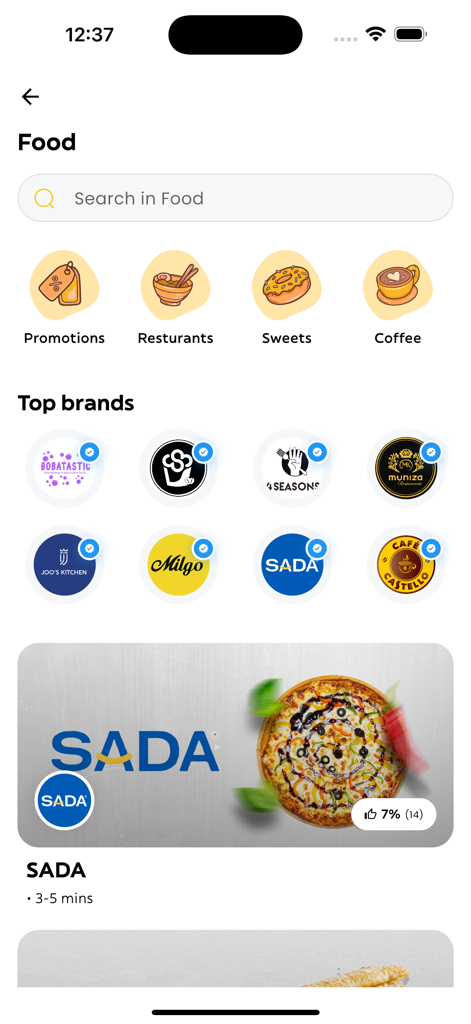 Geeye Somalia - Geeye Somalia app food section showing categories for restaurants sweets and coffee with a list of top brands and a featured pizza banner