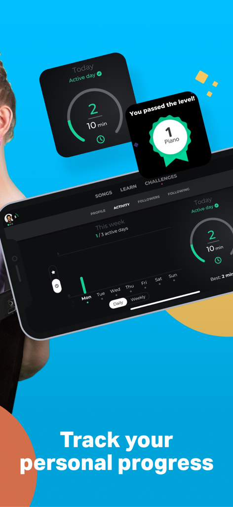 Piano by Yousician - Piano by Yousician app screen displaying personal progress tracking with activity stats and achievement badges