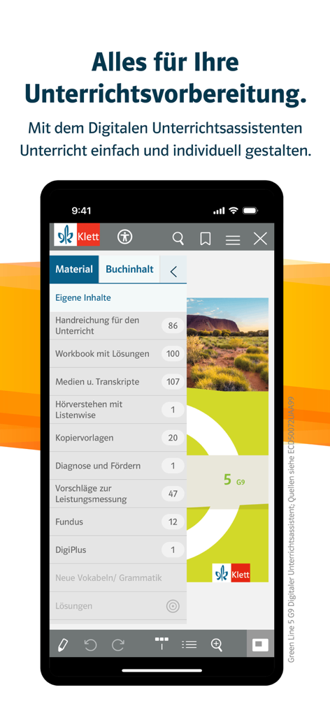 Smartphone-Bildschirm, der die Klett Lernen App Digital Teaching Assistant mit Optionen für Lehrmaterialien zeigt