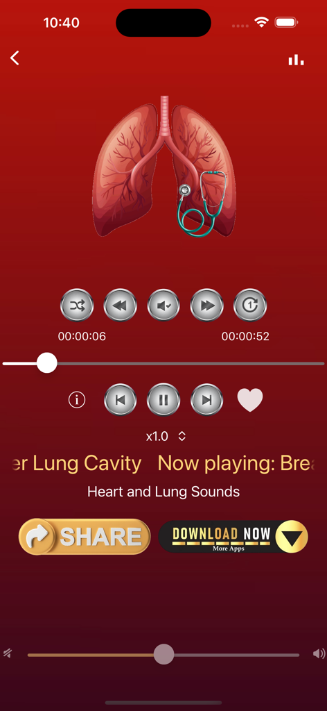 Heart Sounds and Lung Sounds - Audio player interface for lung sounds with an anatomical lung illustration