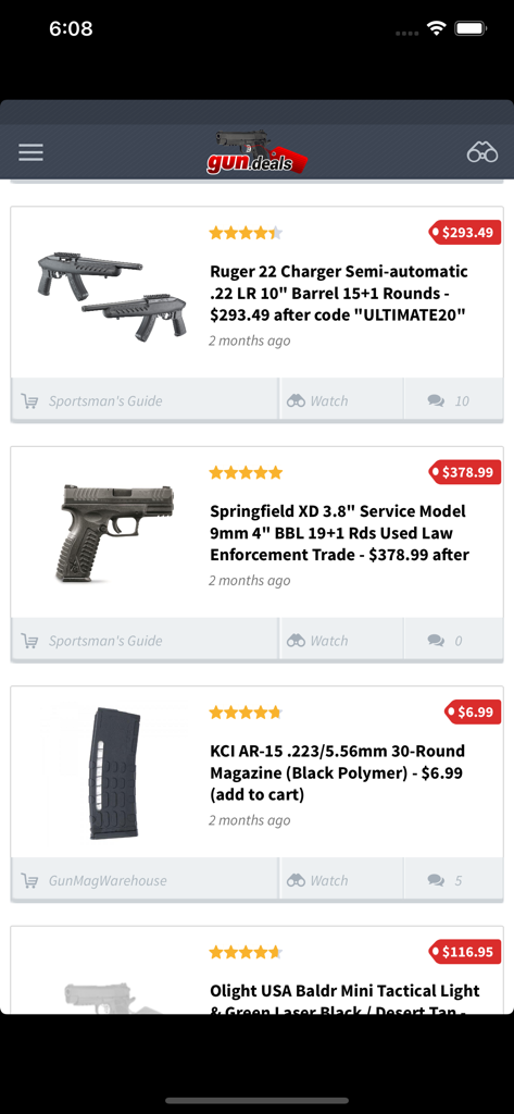 Interface of the gun.deals app showing a list of firearm and tactical accessory deals with prices and star ratings