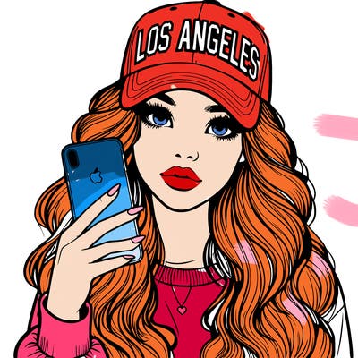 realistic beautiful girl wearing los ángeles cap holding an iphone