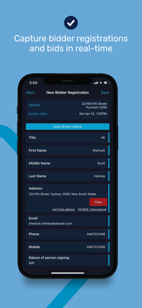 Schermata mobile che mostra un modulo di registrazione di un nuovo offerente per le aste immobiliari