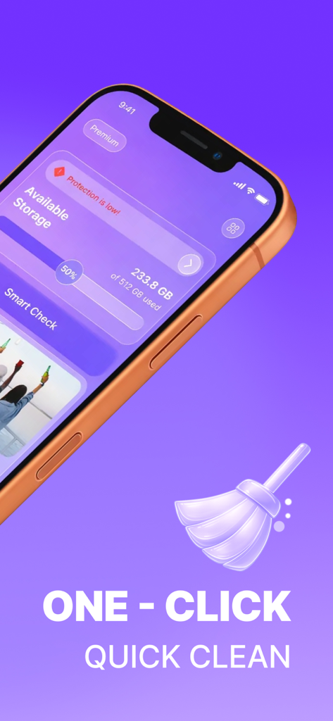 UpClean app interface on iPhone featuring one-click quick clean for storage optimization