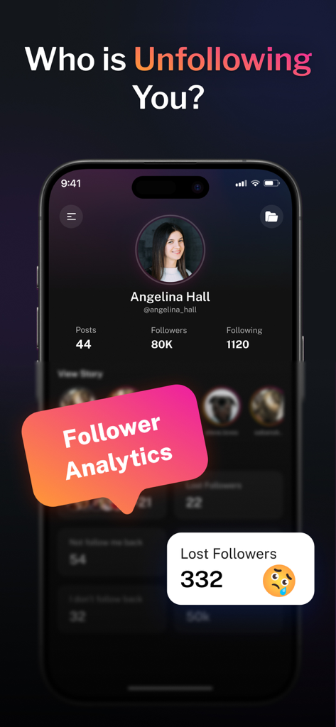 Unfollow Tracker for Instagram - Interfaz de la aplicación Rastreador de Dejar de Seguir para Instagram mostrando análisis de seguidores y el recuento de seguidores perdidos
