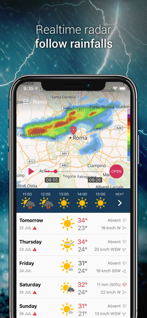 3B Meteo - Weather Forecasts - Screenshot dell'app meteo 3B Meteo che mostra la mappa radar delle piogge in tempo reale e le previsioni settimanali