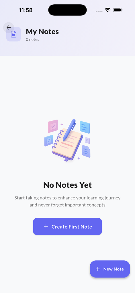 Learn Python Coding with AI - Empty notes screen in the Learn Python Coding with AI app with a button to create a first note