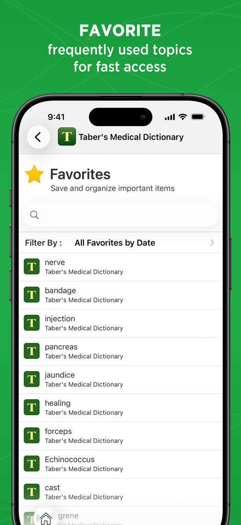Taber's Medical Dictionary - Screenshot of the Favorites screen in Taber's Medical Dictionary app showing a list of saved medical terms for quick access.