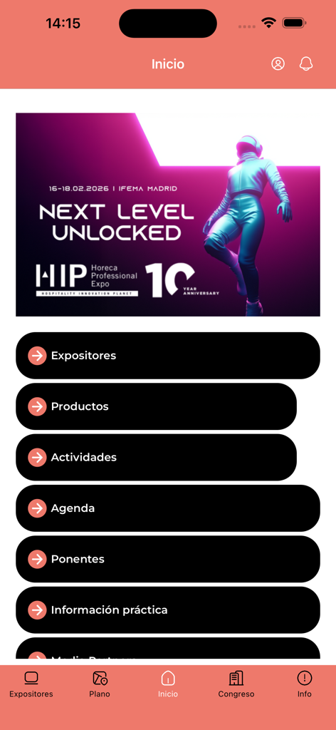 EXPOHIP - ホスピタリティプロフェッショナルエキスポのEXPOHIPアプリのホーム画面。イベント情報とナビゲーションメニューが表示されます。