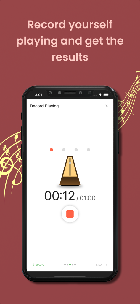 Melody Scanner - Melody Scanner app interface showing the record playing screen with a metronome and a 12-second timer for audio transcription.