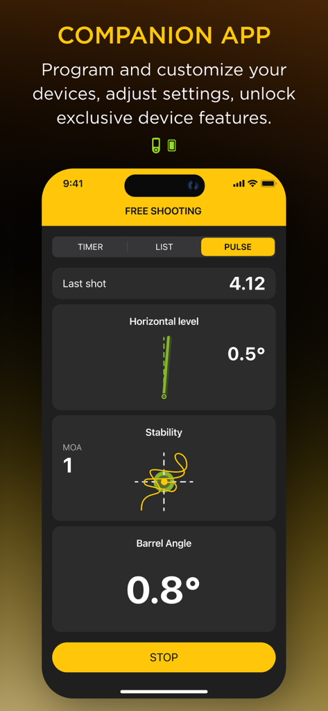 Drills: Shooting Training app - Drills shooting training app interface displaying live performance data including horizontal level stability graph and barrel angle