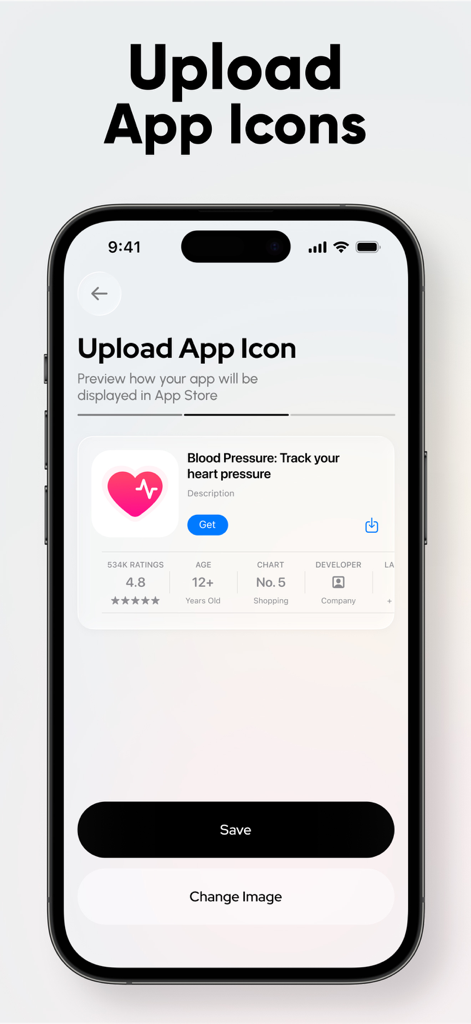 VibeCode: AI Coding App Maker - Interface showing how to upload and preview an app icon for the App Store