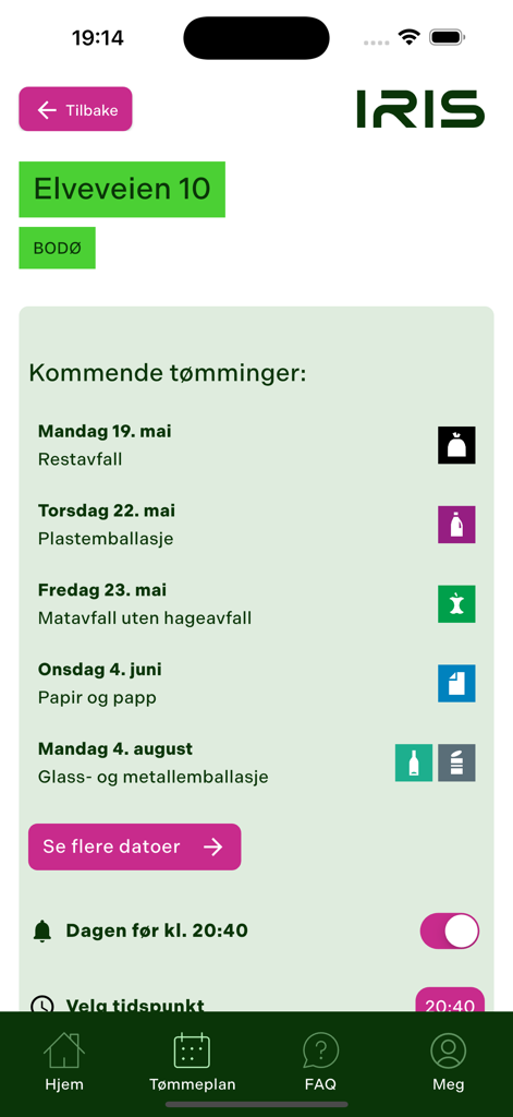 IRIS - Screenshot of the IRIS app displaying an upcoming waste collection schedule with specific dates and waste categories for a residential address