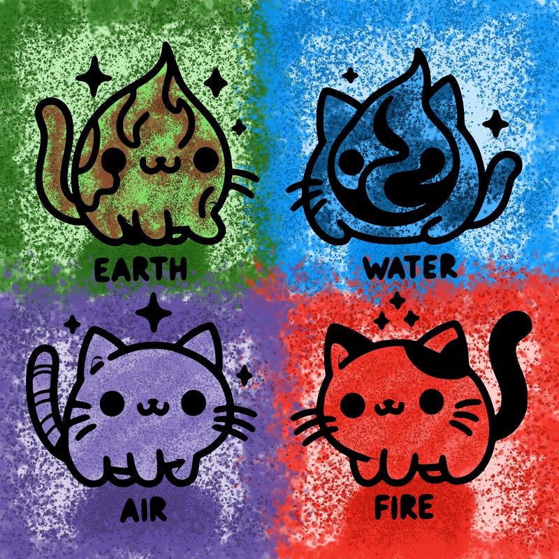 4 cats that represent the different elements, earth, water, air, and fire