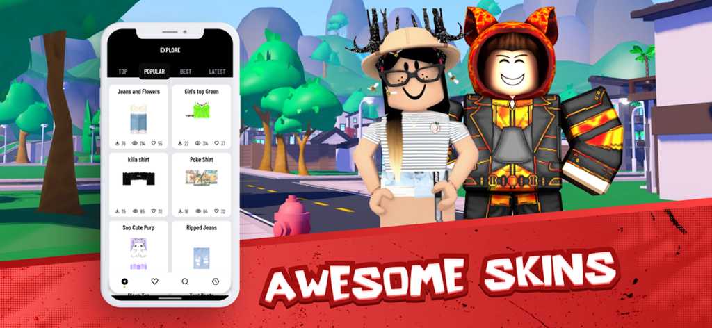 Mobile App-Oberfläche für Roblox-Skins, die beliebte Outfits mit angepassten Avataren zeigt
