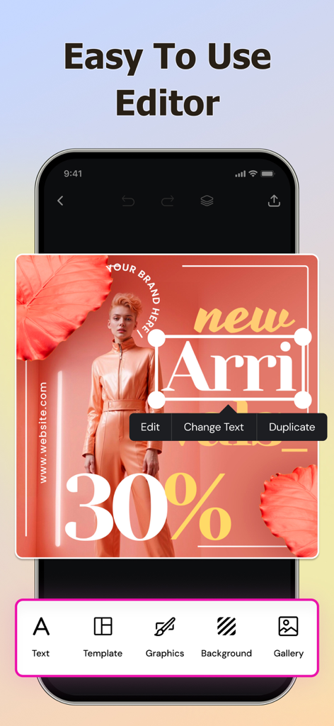 Flyer Maker - Make a Poster - Interfaz de la aplicación móvil de Flyer Maker mostrando un editor fácil de usar con un diseño de póster de ventas y herramientas creativas