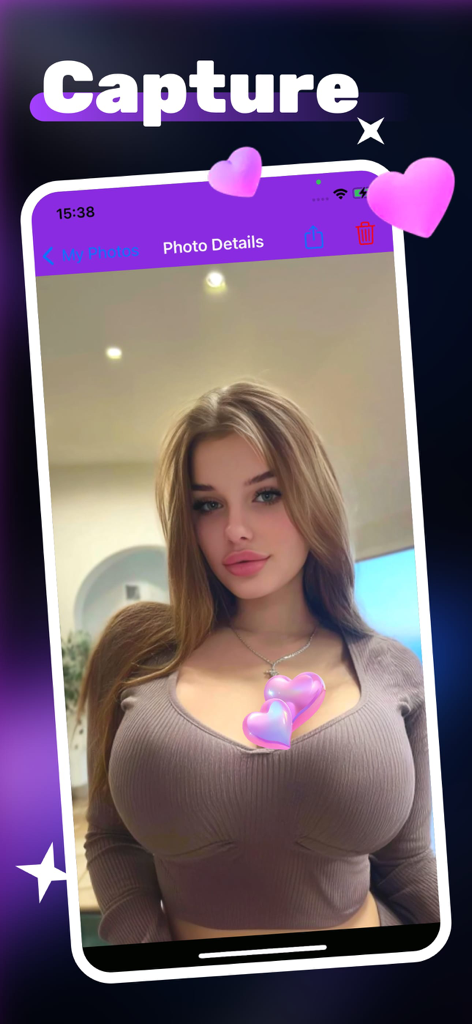 Dliveモバイルアプリの画面。ソフトな照明とハートのアイコンが付いた明るい自撮り写真が表示されています