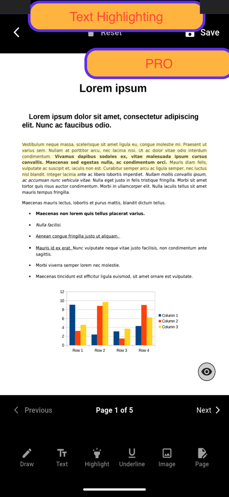 PDF: Viewer - Editor - 棒グラフが表示されたドキュメントのテキストハイライトを表示するPDFエディタアプリのモバイルインターフェイス。