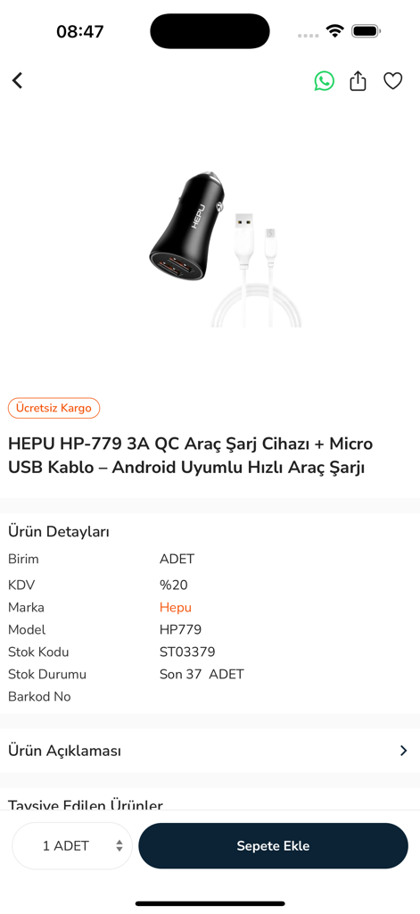 Hepu - Page produit de l'application Hepu pour un chargeur de voiture avec un câble micro USB montrant les détails du produit et un bouton Ajouter au panier.
