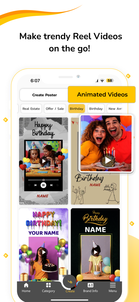 AdBanao: Poster & Video Maker - ソーシャルメディアリールや誕生日投稿用のアニメーション動画テンプレートを表示するAdbanaoアプリインターフェース