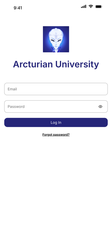 Pantalla de inicio de sesión para la app Universidad Arcturiana con campos para correo electrónico y contraseña.